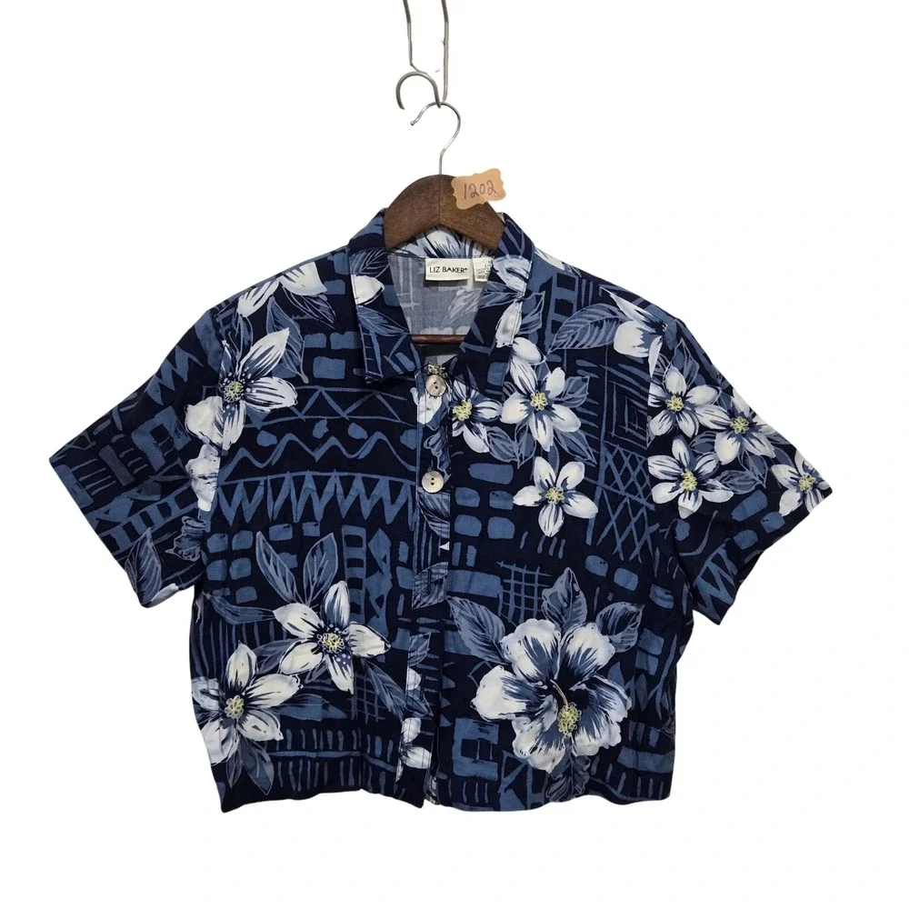 Vintage 90s Liz Baker 2 Piece Set Tropical Floral‎ Dress and Crop Jacket Blue 14